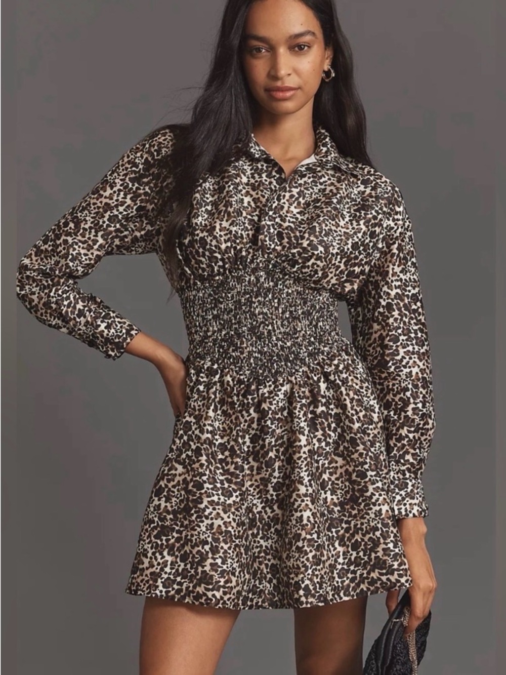 NWT Hutch Leopard Print Long-Sleeve Smocked-Waist Mini Dress - Brown/Black
